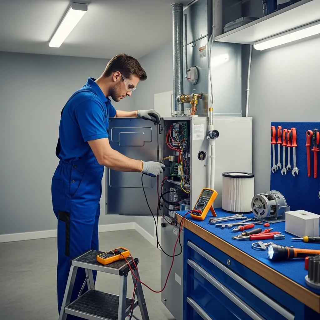 H.I. Mechanical technician repairing a furnace component — on the job in Victoria