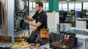 HVAC technician working on a commercial HVAC system in an office
